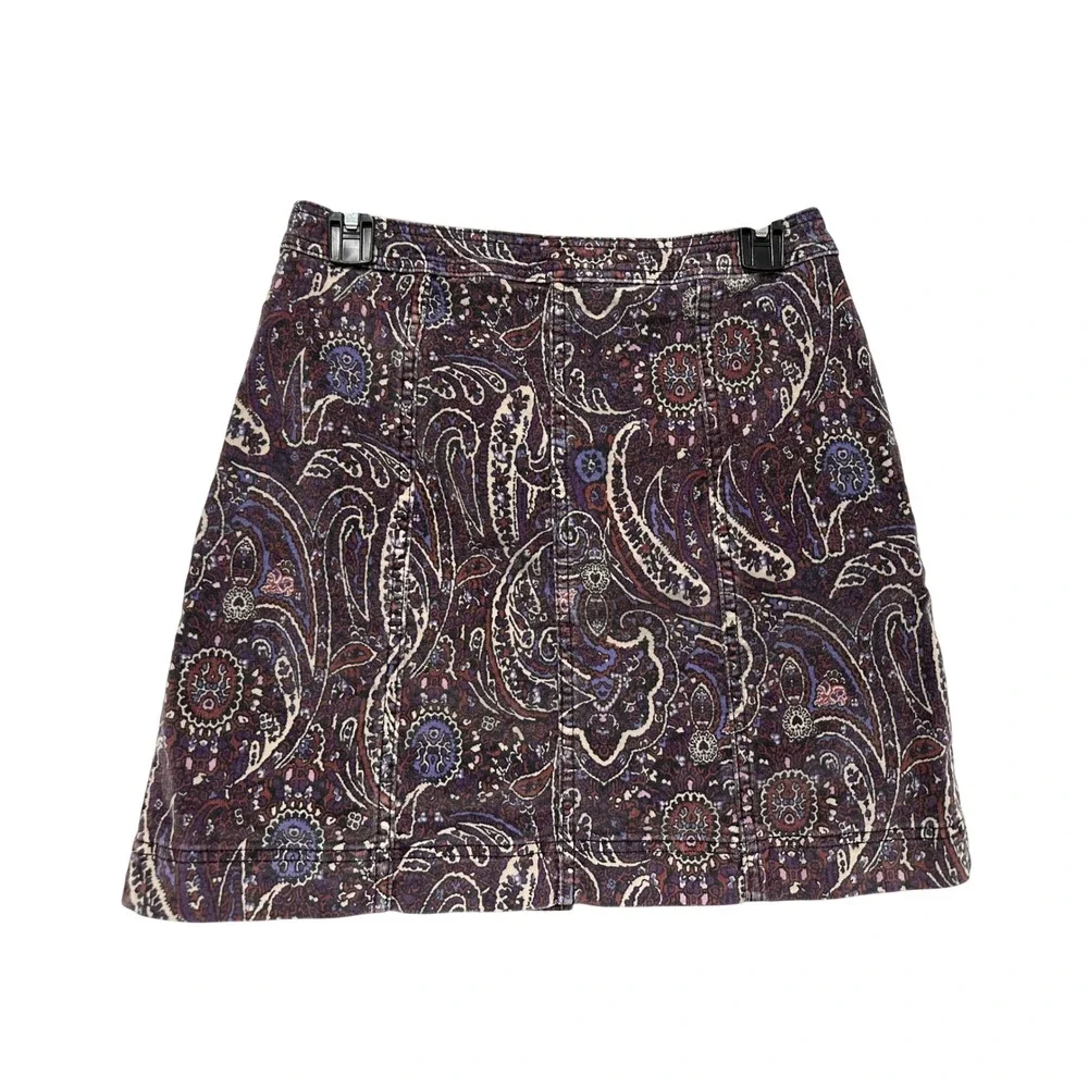 Knox Rose Womens Purple Paisley Boho Corduroy Button Front Mini Skirt Size 2